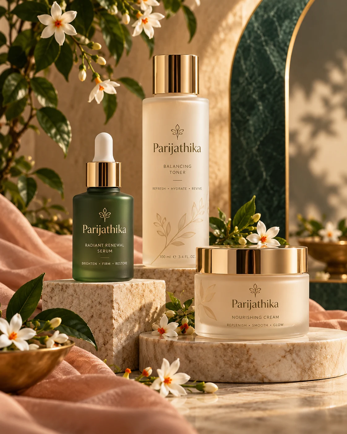 Concept imagery of Parijathika skincare bottles, serum and cream